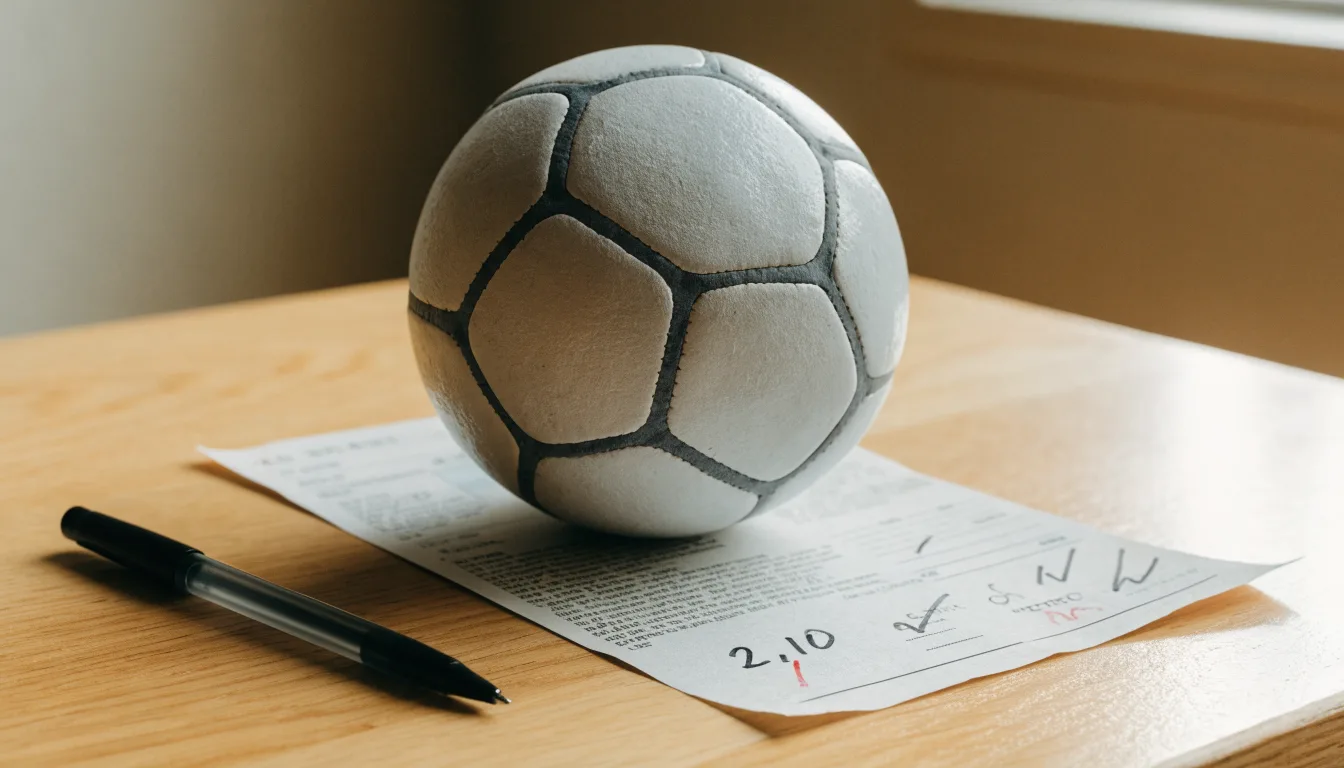 Uma bola de futebol pousada sobre um talão de apostas em branco numa mesa de madeira, à luz do dia