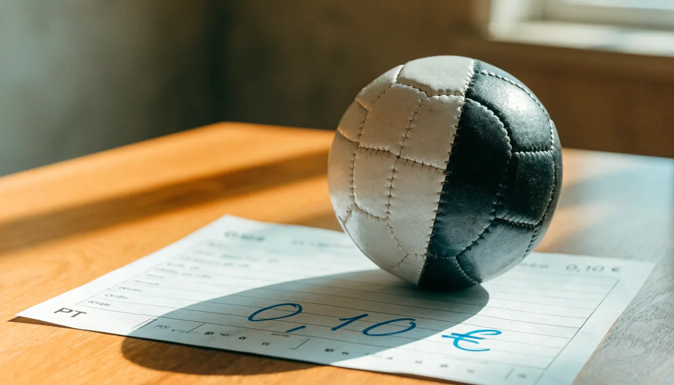 Uma bola de futebol pousada sobre um talão de apostas em branco numa mesa de madeira, à luz do dia