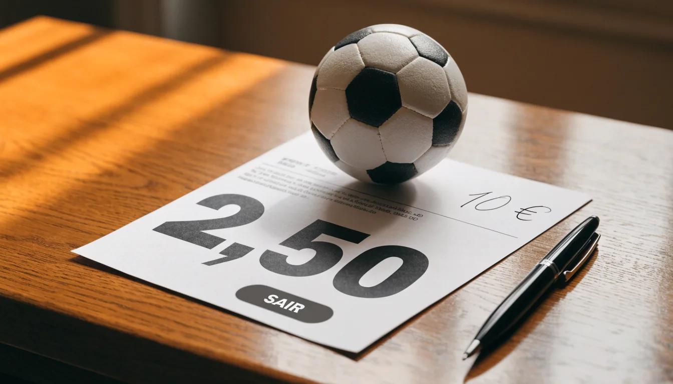 Uma bola de futebol pousada sobre um talão de apostas em branco numa mesa de madeira, à luz do dia