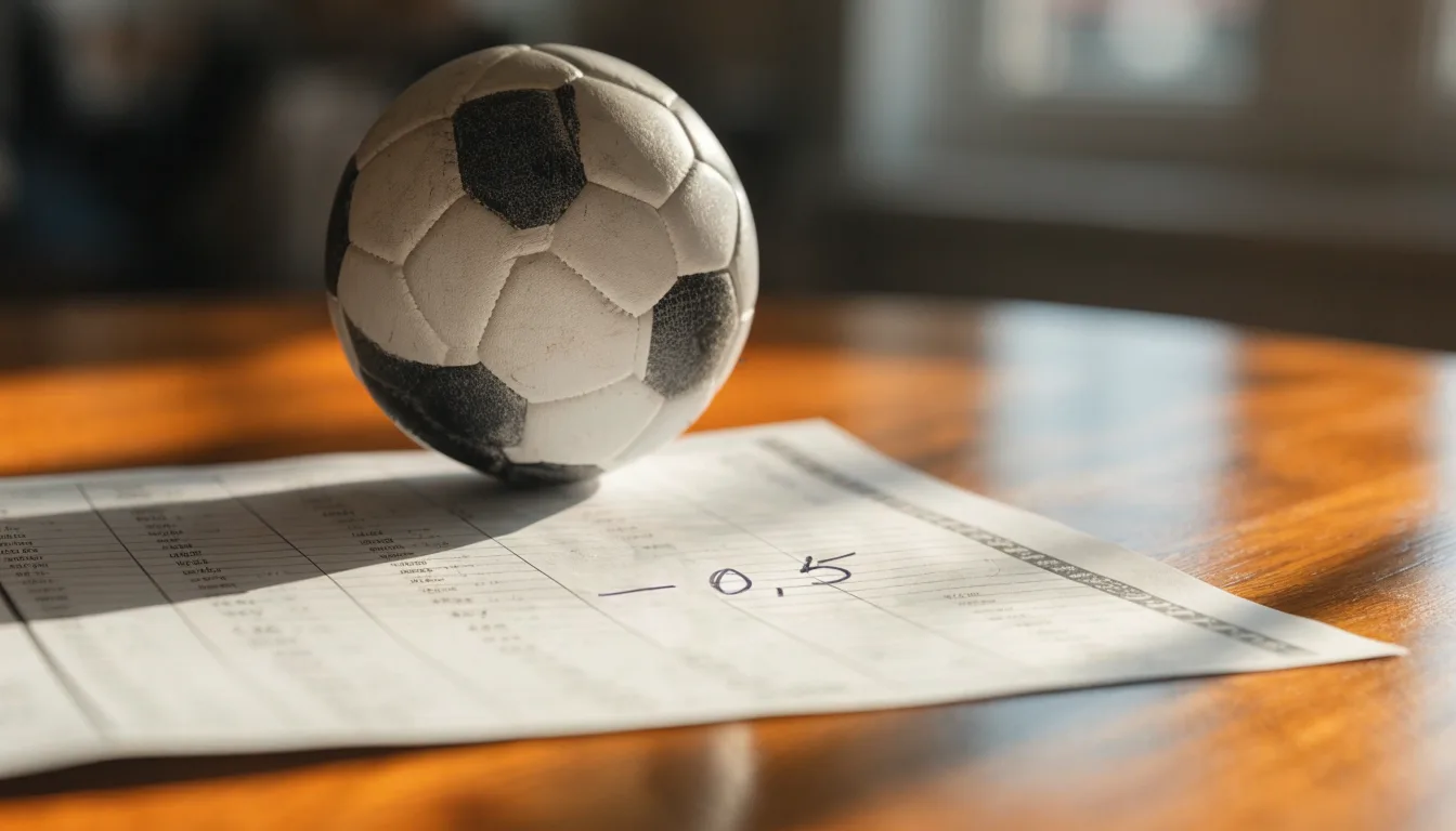 Uma bola de futebol pousada sobre um talão de apostas em branco numa mesa de madeira, à luz do dia