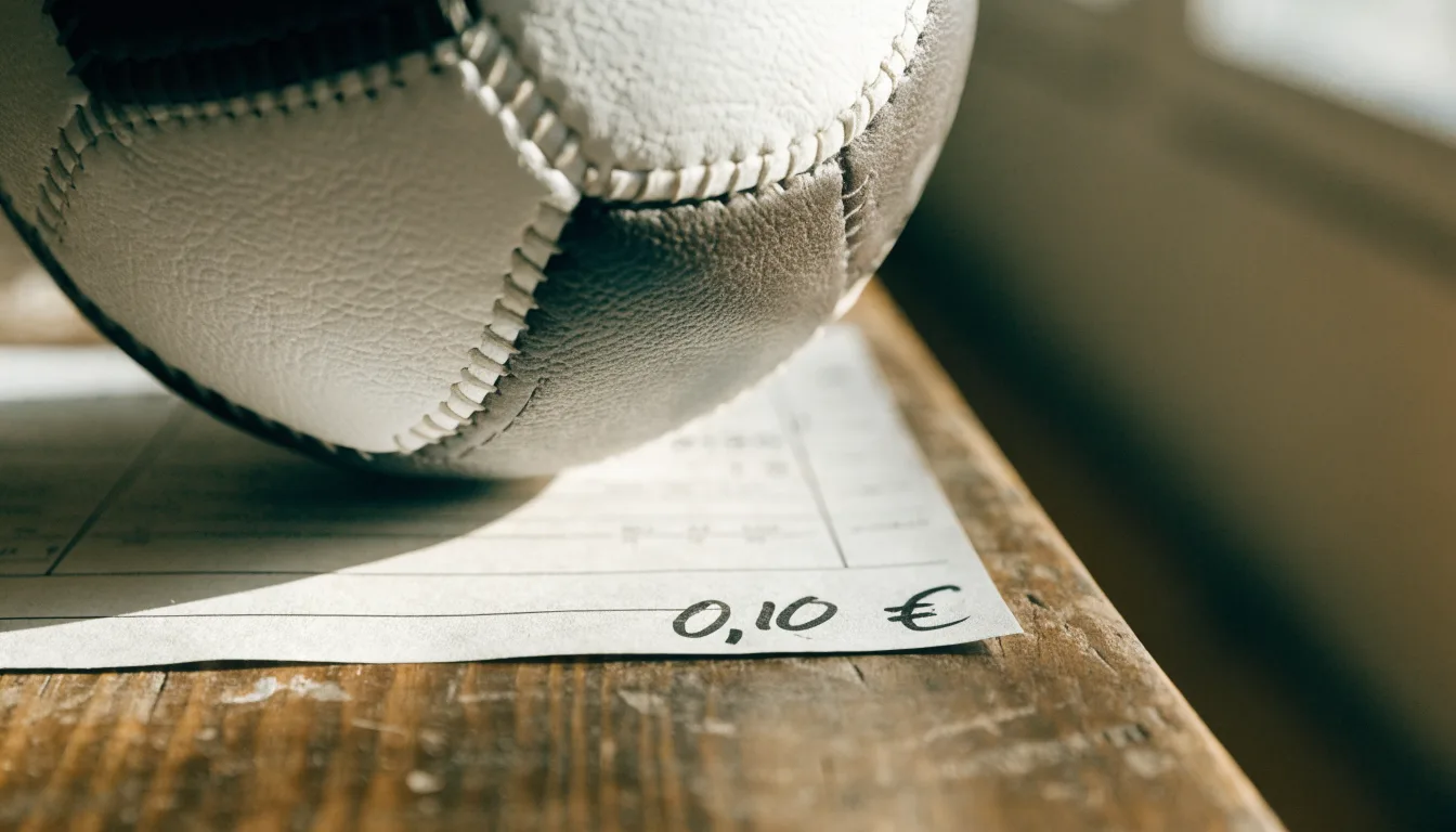 Uma bola de futebol pousada sobre um talão de apostas em branco numa mesa de madeira, à luz do dia
