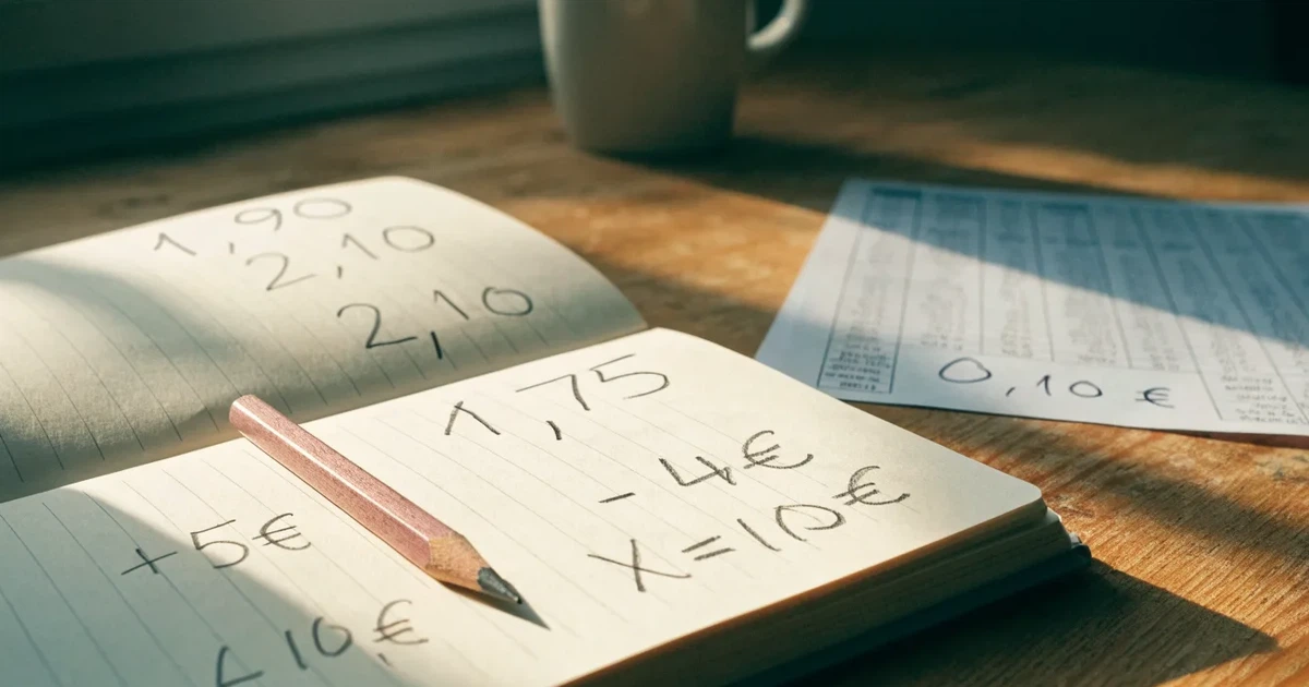 Um caderno aberto com cotas escritas à mão, uma calculadora e um lápis sobre uma mesa de madeira