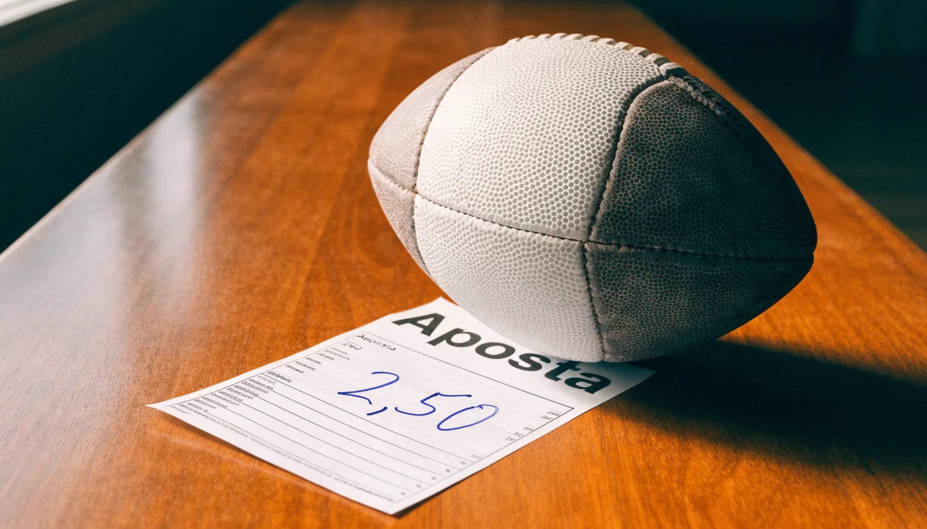 Uma bola de futebol pousada sobre um talão de apostas em branco numa mesa de madeira, à luz do dia