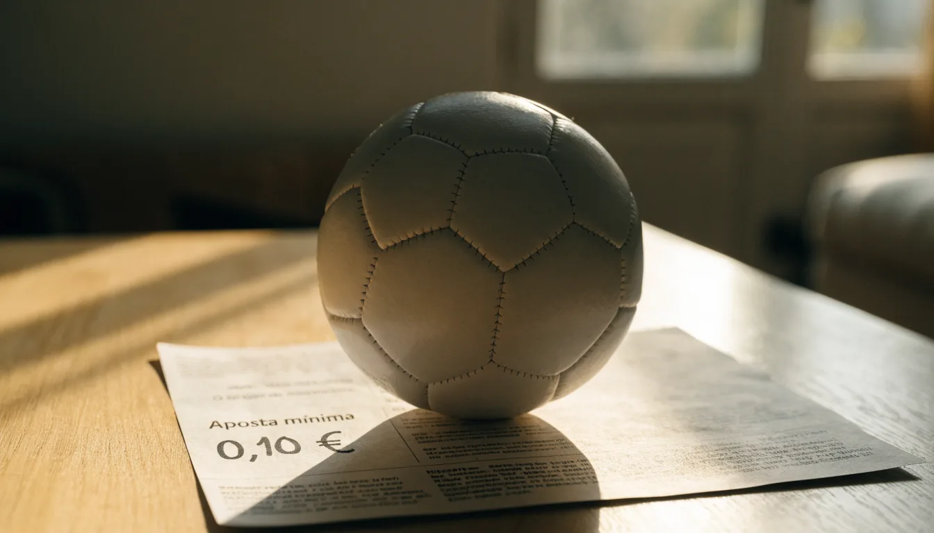 Uma bola de futebol pousada sobre um talão de apostas em branco numa mesa de madeira, à luz do dia