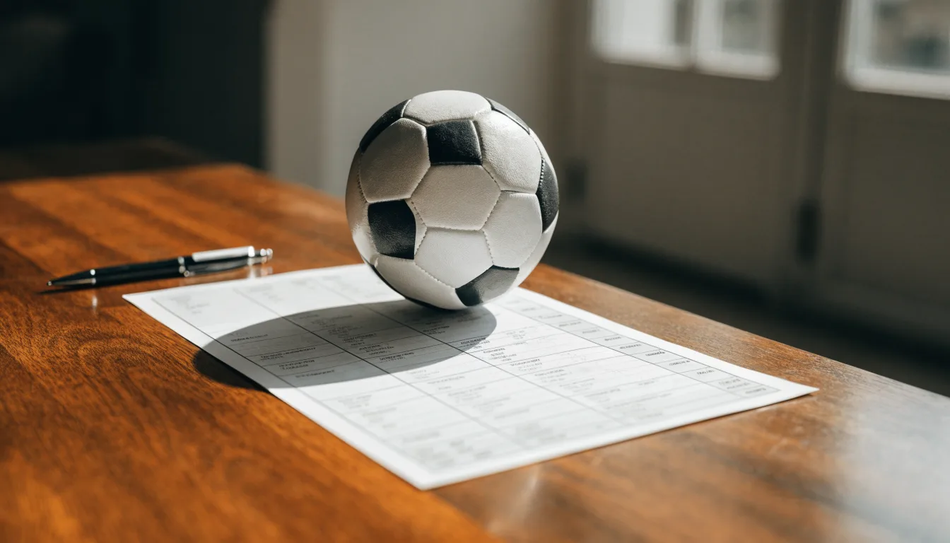 Uma bola de futebol pousada sobre um talão de apostas em branco numa mesa de madeira, à luz do dia
