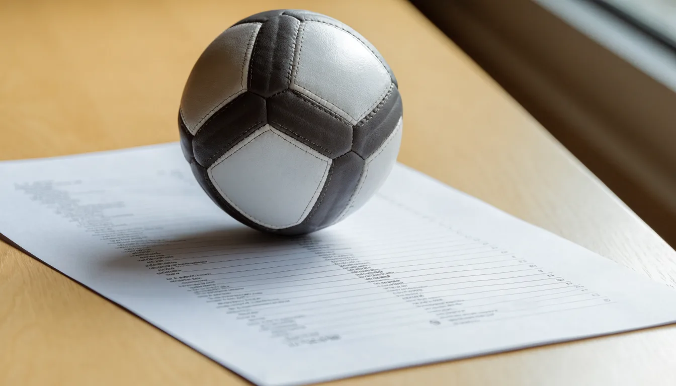 Uma bola de futebol pousada sobre um talão de apostas em branco numa mesa de madeira, à luz do dia