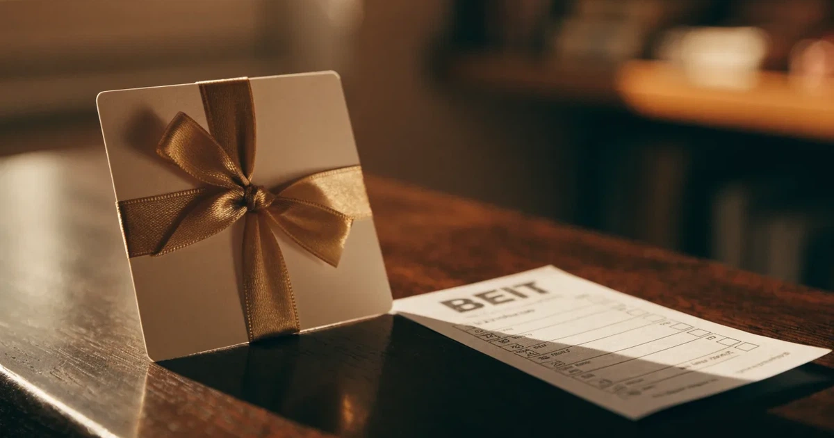 Um cartão de oferta com uma fita dourada ao lado de um talão de apostas numa bancada de madeira