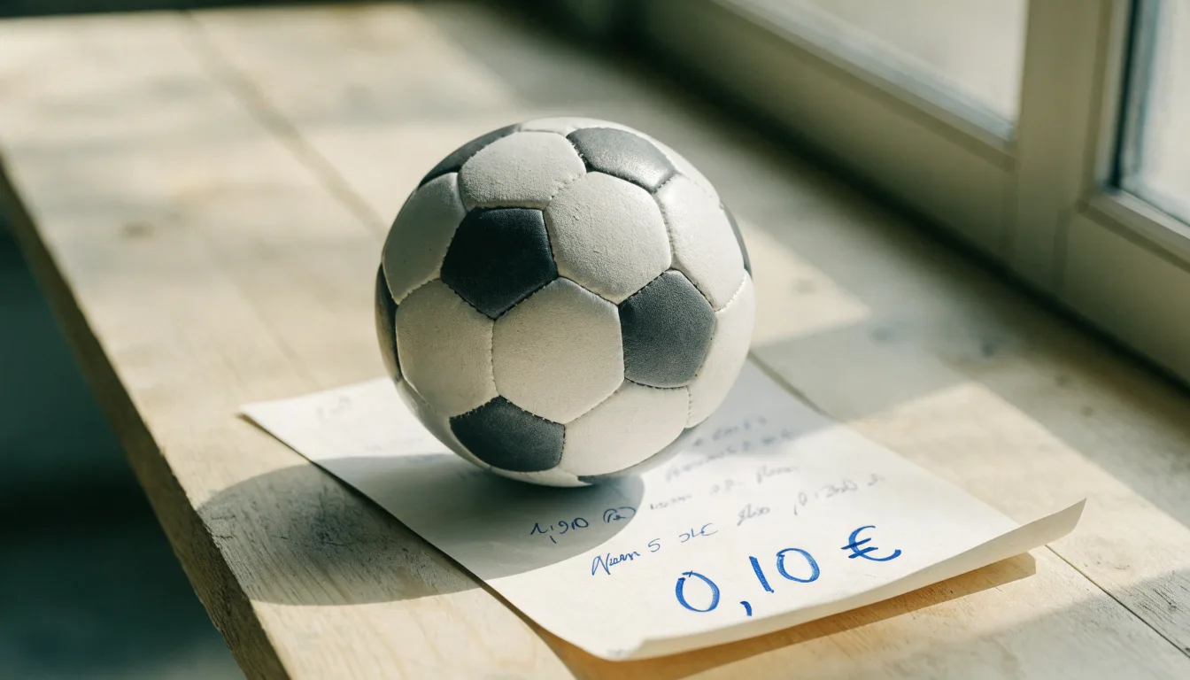 Uma bola de futebol pousada sobre um talão de apostas em branco numa mesa de madeira, à luz do dia