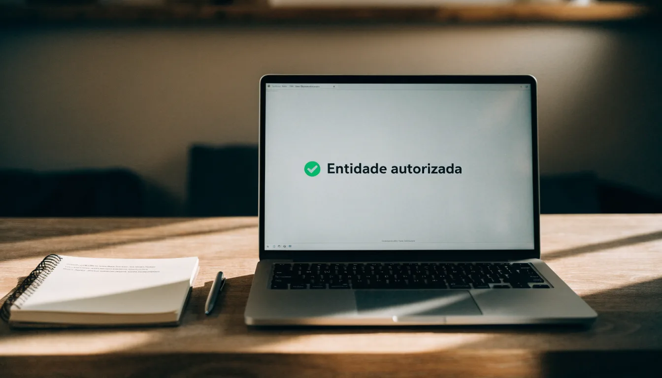 Uma folha de licença em papel com um selo vermelho, pousada numa secretária de madeira ao lado de uma caneta