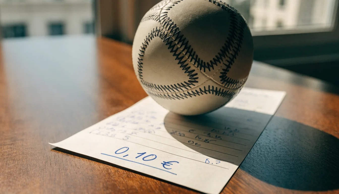 Uma bola de futebol pousada sobre um talão de apostas em branco numa mesa de madeira, à luz do dia