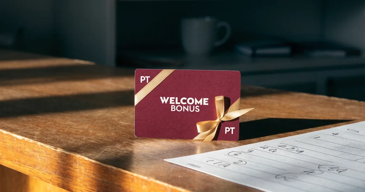 Um cartão de oferta com uma fita dourada ao lado de um talão de apostas numa bancada de madeira