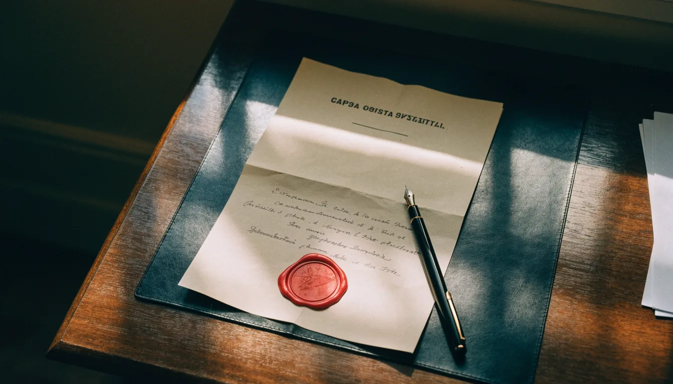 Uma folha de licença em papel com um selo vermelho, pousada numa secretária de madeira ao lado de uma caneta