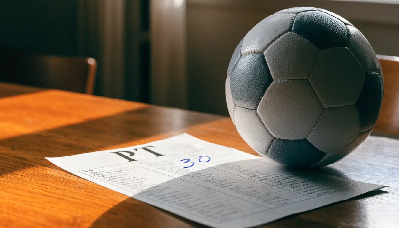 Uma bola de futebol pousada sobre um talão de apostas em branco numa mesa de madeira, à luz do dia