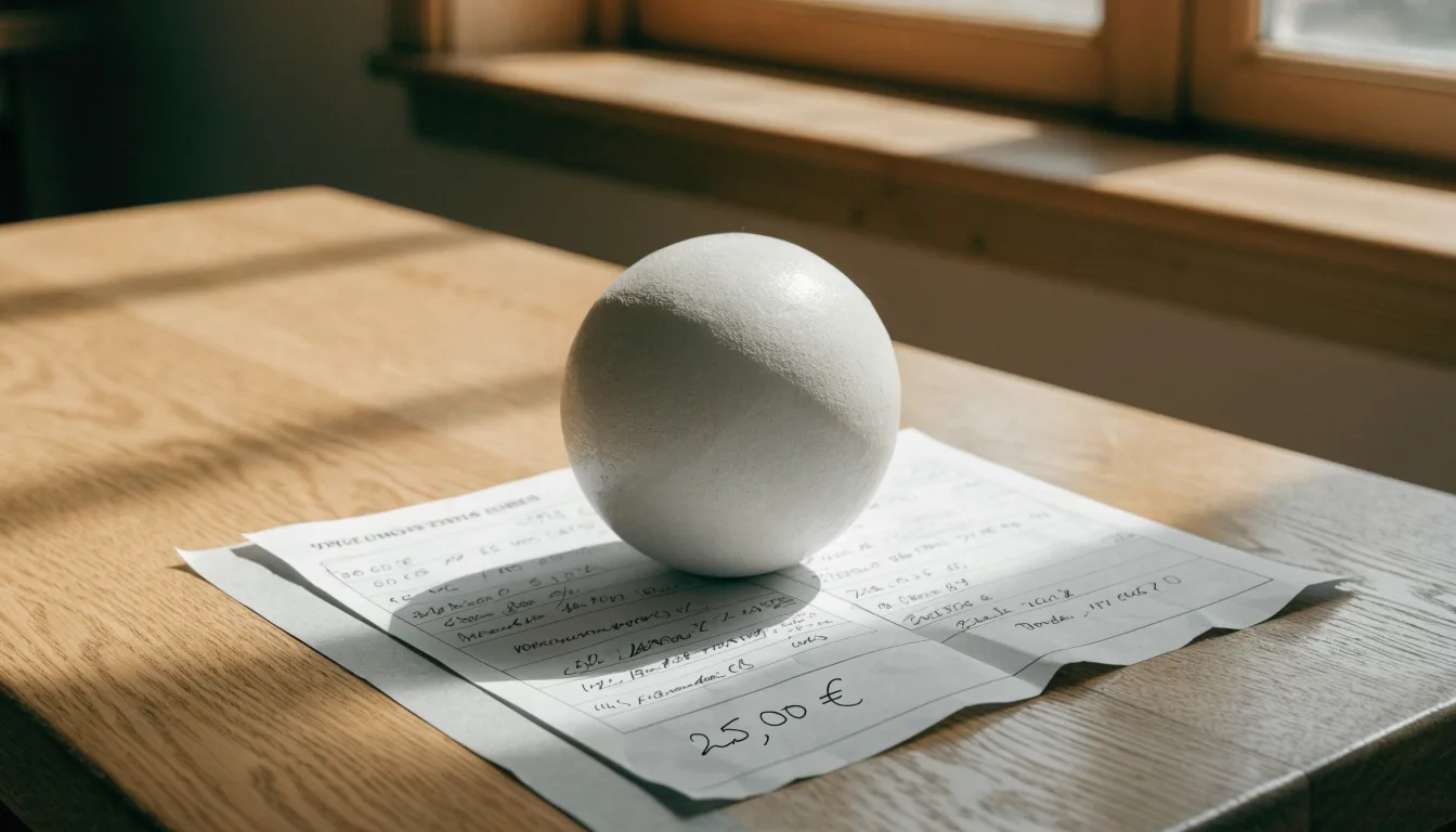 Uma bola de futebol pousada sobre um talão de apostas em branco numa mesa de madeira, à luz do dia