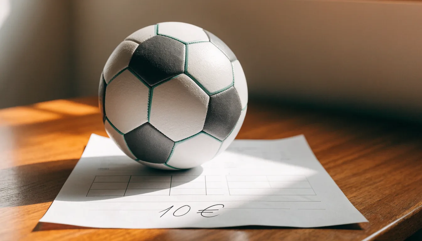 Uma bola de futebol pousada sobre um talão de apostas em branco numa mesa de madeira, à luz do dia