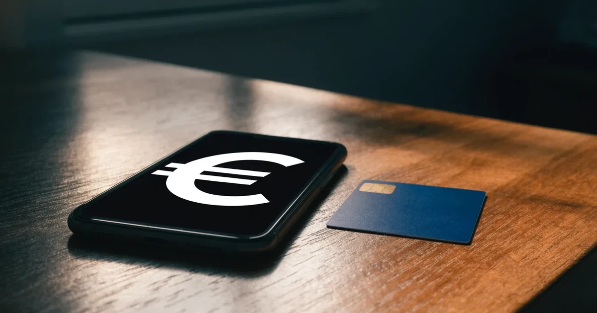 Um telemóvel e um cartão bancário lado a lado numa mesa de madeira, com algumas notas de euro ao lado