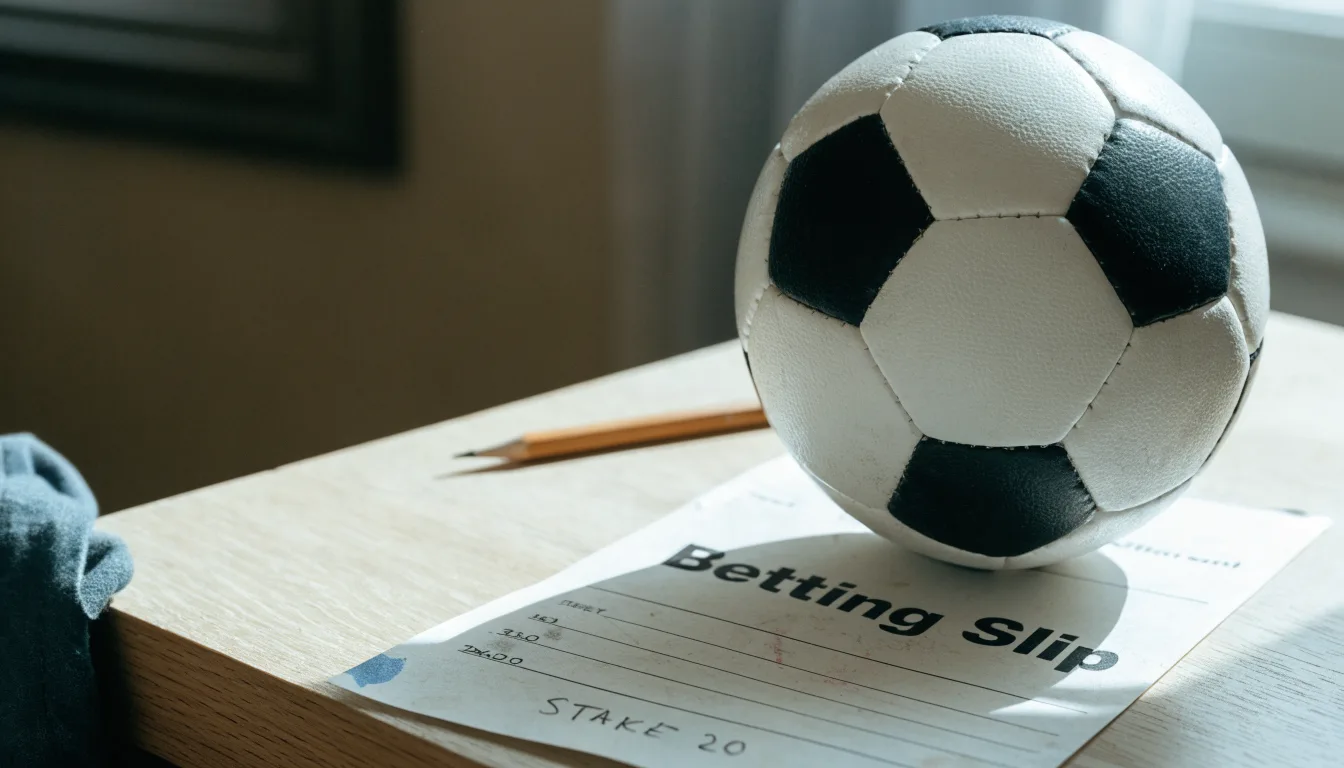 Uma bola de futebol pousada sobre um talão de apostas em branco numa mesa de madeira, à luz do dia