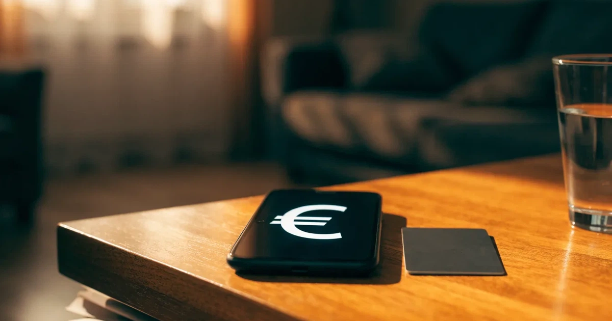 Um telemóvel e um cartão bancário lado a lado numa mesa de madeira, com algumas notas de euro ao lado