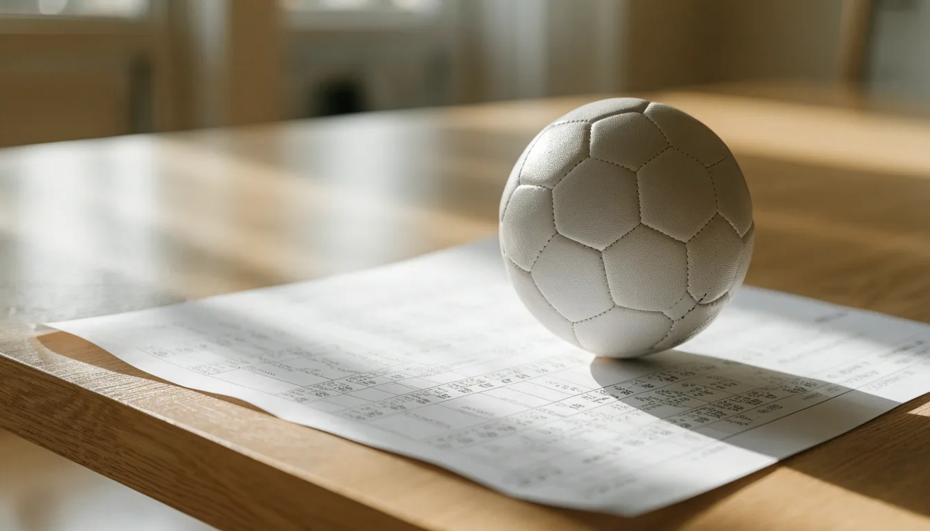 Uma bola de futebol pousada sobre um talão de apostas em branco numa mesa de madeira, à luz do dia