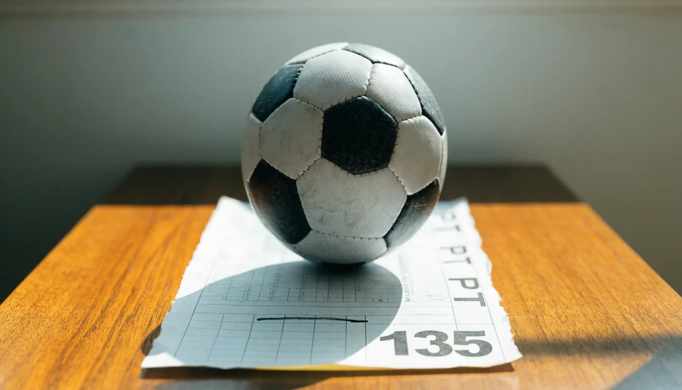 Uma bola de futebol pousada sobre um talão de apostas em branco numa mesa de madeira, à luz do dia