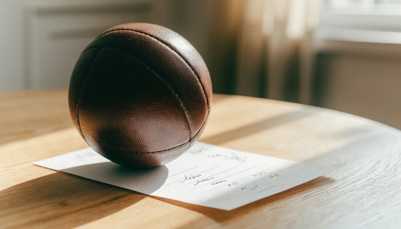 Uma bola de futebol pousada sobre um talão de apostas em branco numa mesa de madeira, à luz do dia