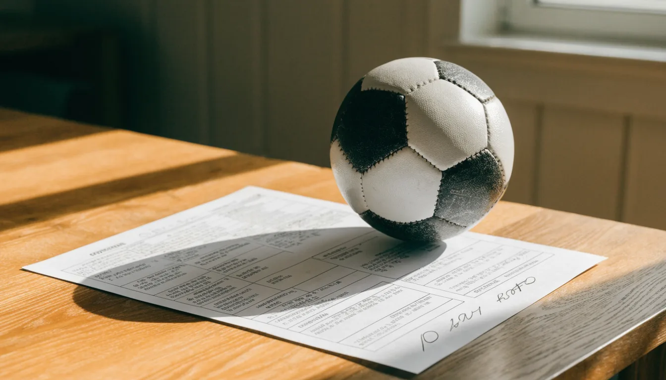 Uma bola de futebol pousada sobre um talão de apostas em branco numa mesa de madeira, à luz do dia