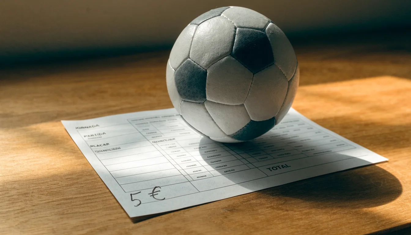 Uma bola de futebol pousada sobre um talão de apostas em branco numa mesa de madeira, à luz do dia