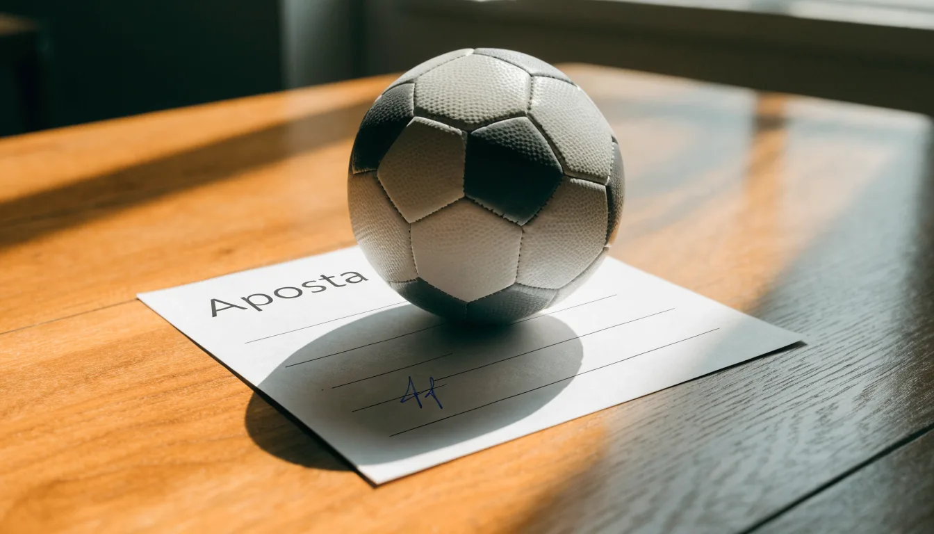 Uma bola de futebol pousada sobre um talão de apostas em branco numa mesa de madeira, à luz do dia