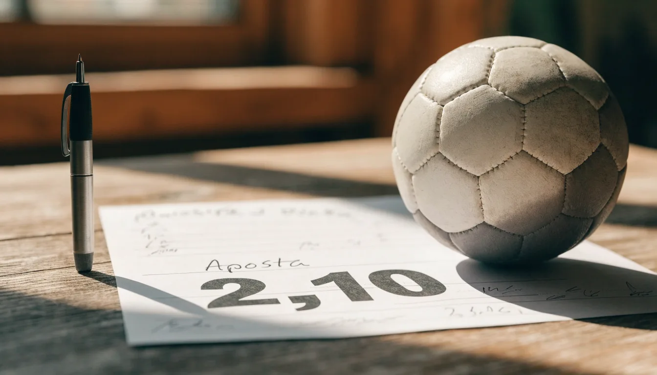 Uma bola de futebol pousada sobre um talão de apostas em branco numa mesa de madeira, à luz do dia