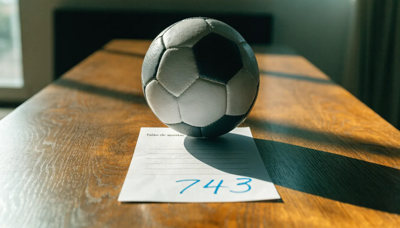 Uma bola de futebol pousada sobre um talão de apostas em branco numa mesa de madeira, à luz do dia