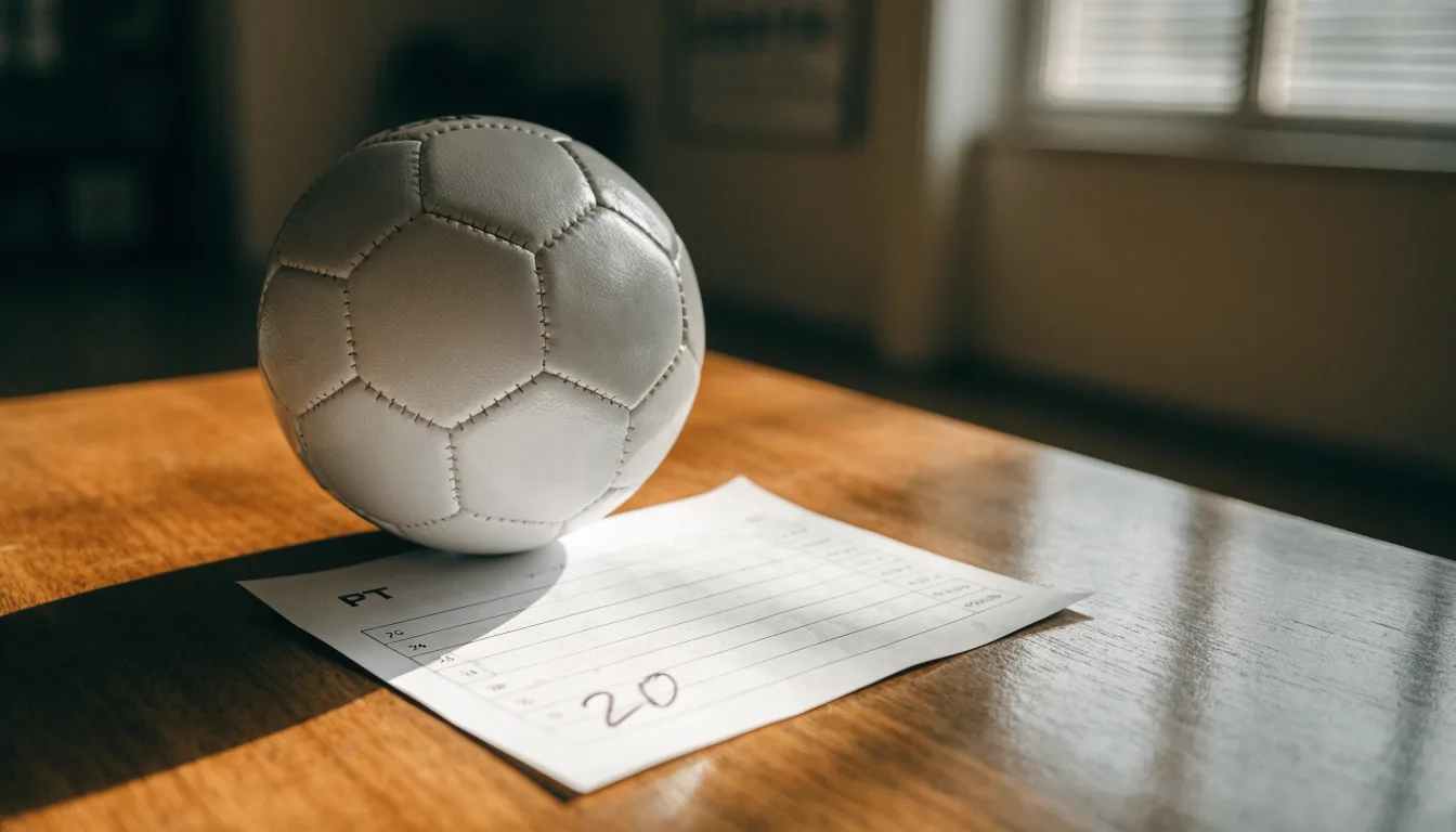 Uma bola de futebol pousada sobre um talão de apostas em branco numa mesa de madeira, à luz do dia