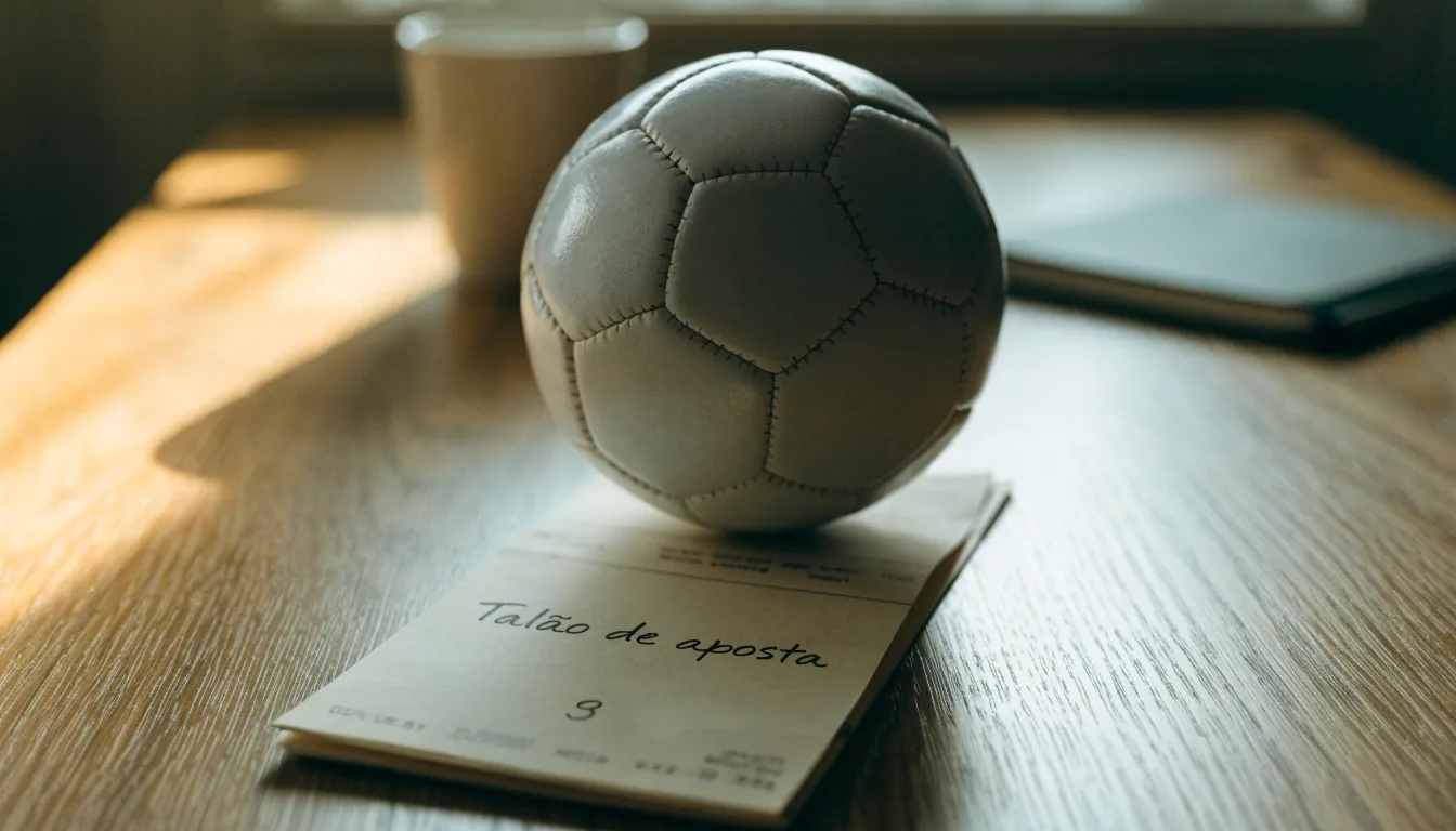 Uma bola de futebol pousada sobre um talão de apostas em branco numa mesa de madeira, à luz do dia