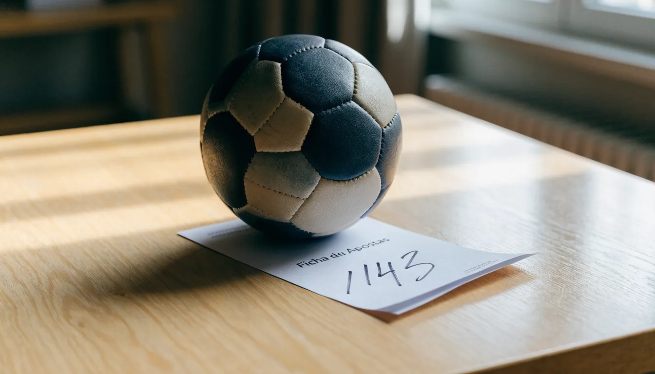 Uma bola de futebol pousada sobre um talão de apostas em branco numa mesa de madeira, à luz do dia