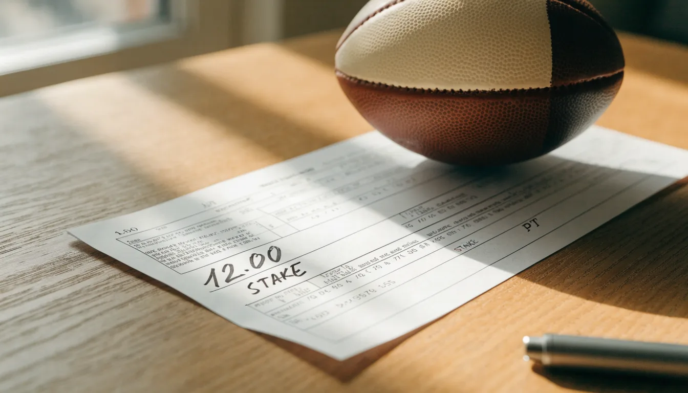 Uma bola de futebol pousada sobre um talão de apostas em branco numa mesa de madeira, à luz do dia