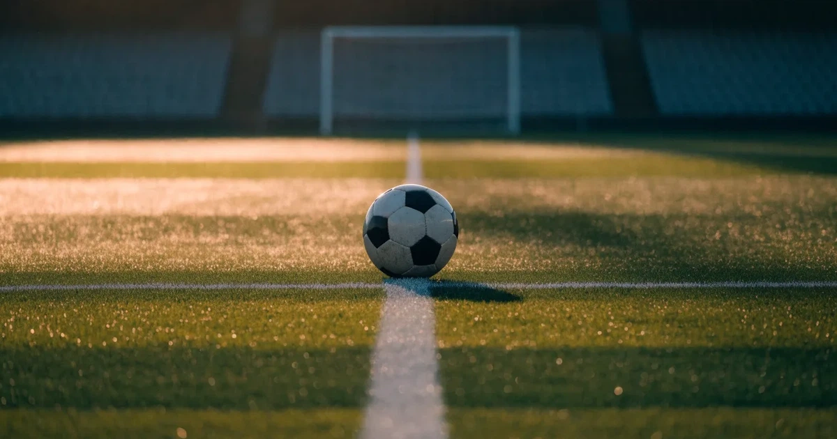 Uma bola de futebol no ponto central de um relvado, à luz da manhã