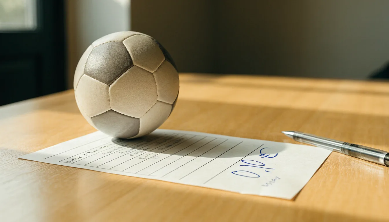 Uma bola de futebol pousada sobre um talão de apostas em branco numa mesa de madeira, à luz do dia