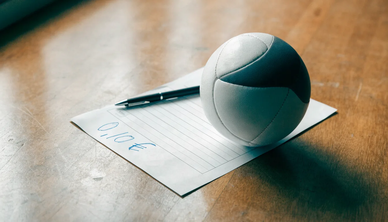 Uma bola de futebol pousada sobre um talão de apostas em branco numa mesa de madeira, à luz do dia