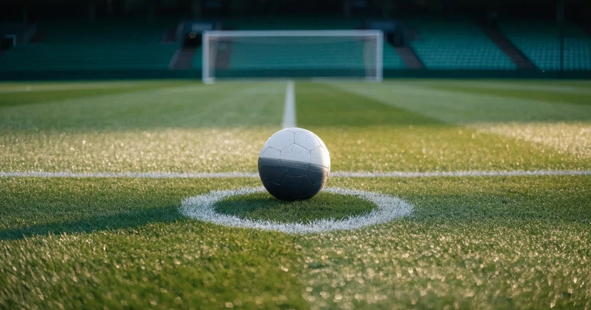 Uma bola de futebol no ponto central de um relvado, à luz da manhã