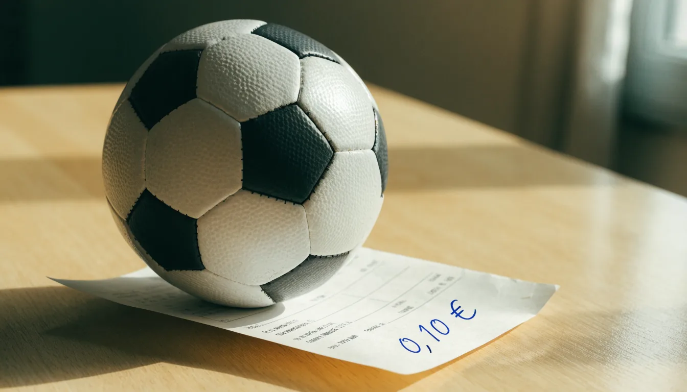 Uma bola de futebol pousada sobre um talão de apostas em branco numa mesa de madeira, à luz do dia