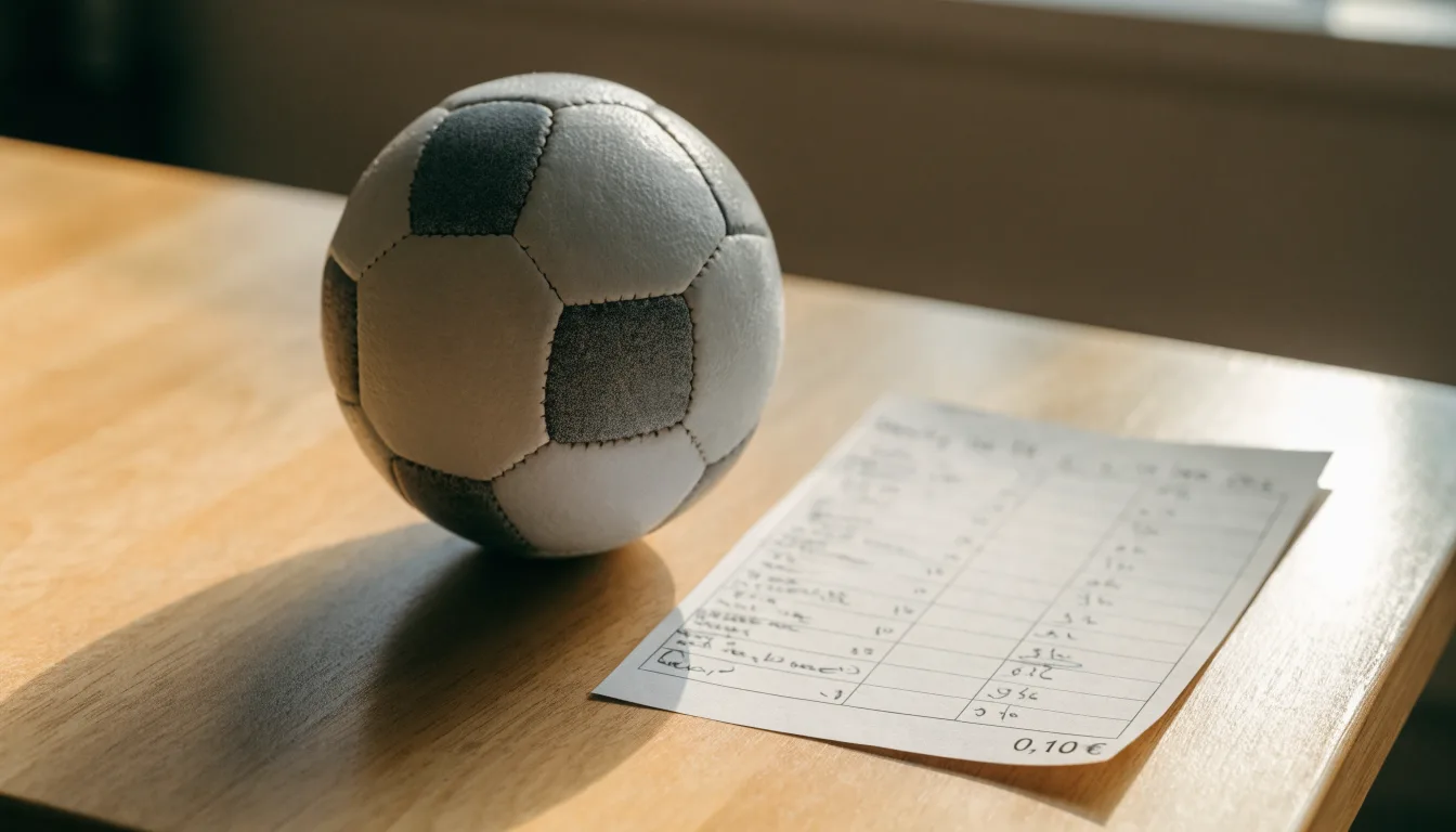 Uma bola de futebol pousada sobre um talão de apostas em branco numa mesa de madeira, à luz do dia