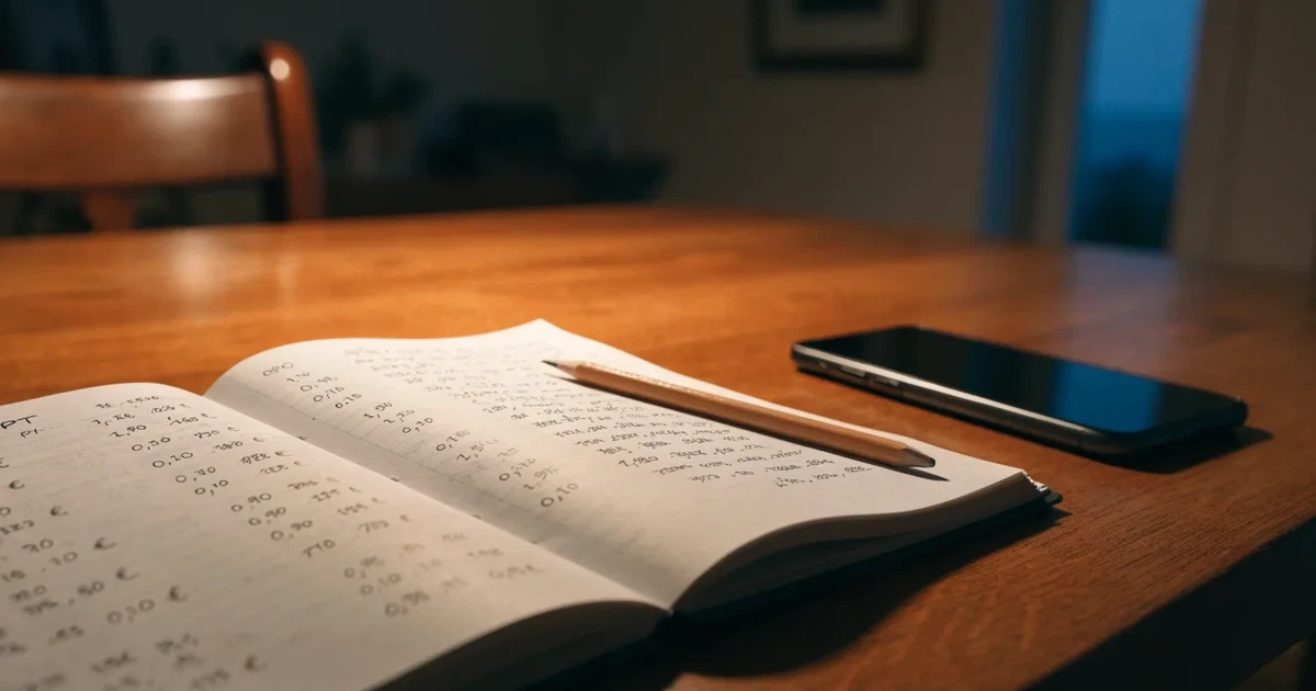 Um caderno aberto com cotas escritas à mão, uma calculadora e um lápis sobre uma mesa de madeira