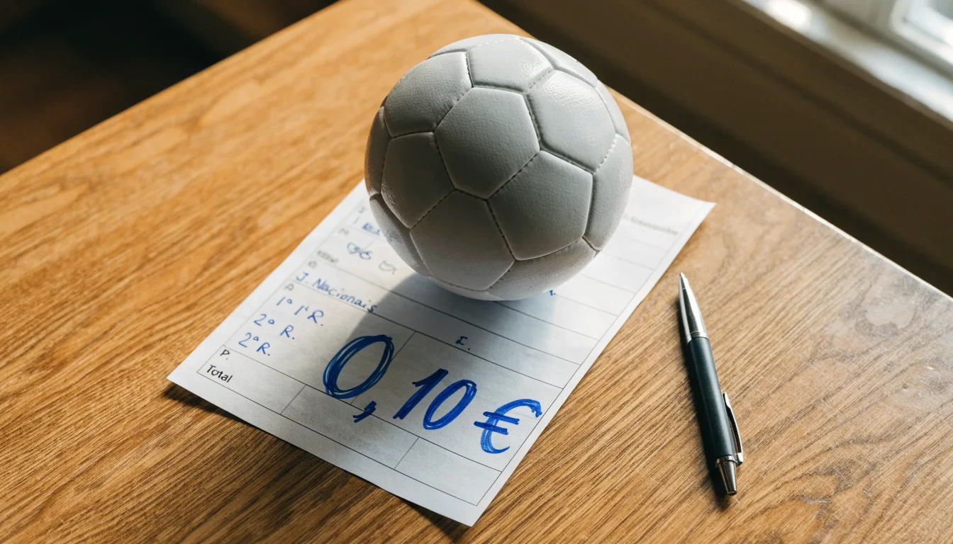 Uma bola de futebol pousada sobre um talão de apostas em branco numa mesa de madeira, à luz do dia