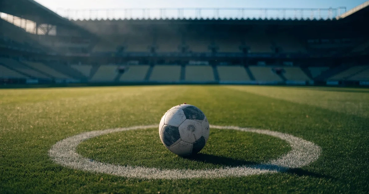 Uma bola de futebol no ponto central de um relvado, à luz da manhã