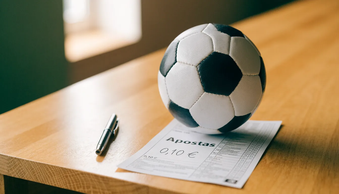 Uma bola de futebol pousada sobre um talão de apostas em branco numa mesa de madeira, à luz do dia