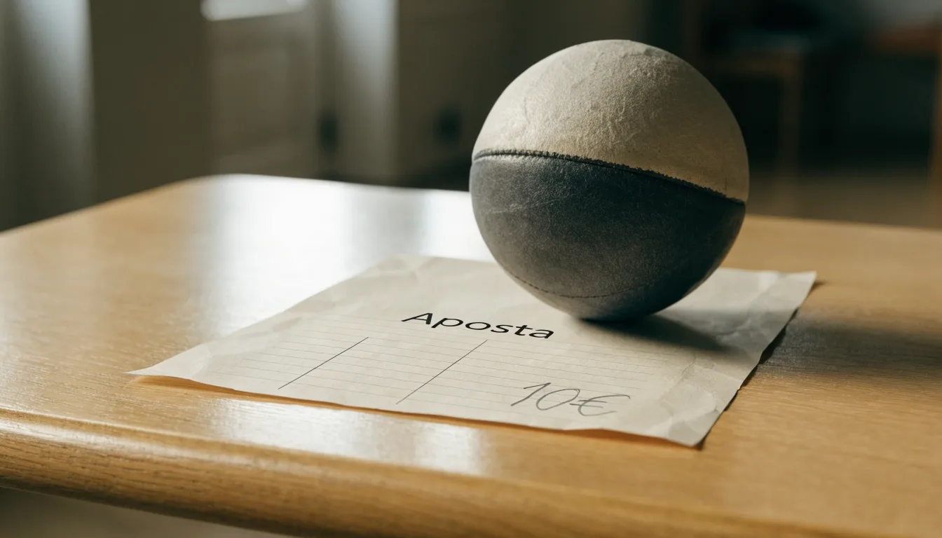 Uma bola de futebol pousada sobre um talão de apostas em branco numa mesa de madeira, à luz do dia