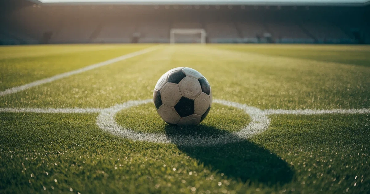 Uma bola de futebol no ponto central de um relvado, à luz da manhã
