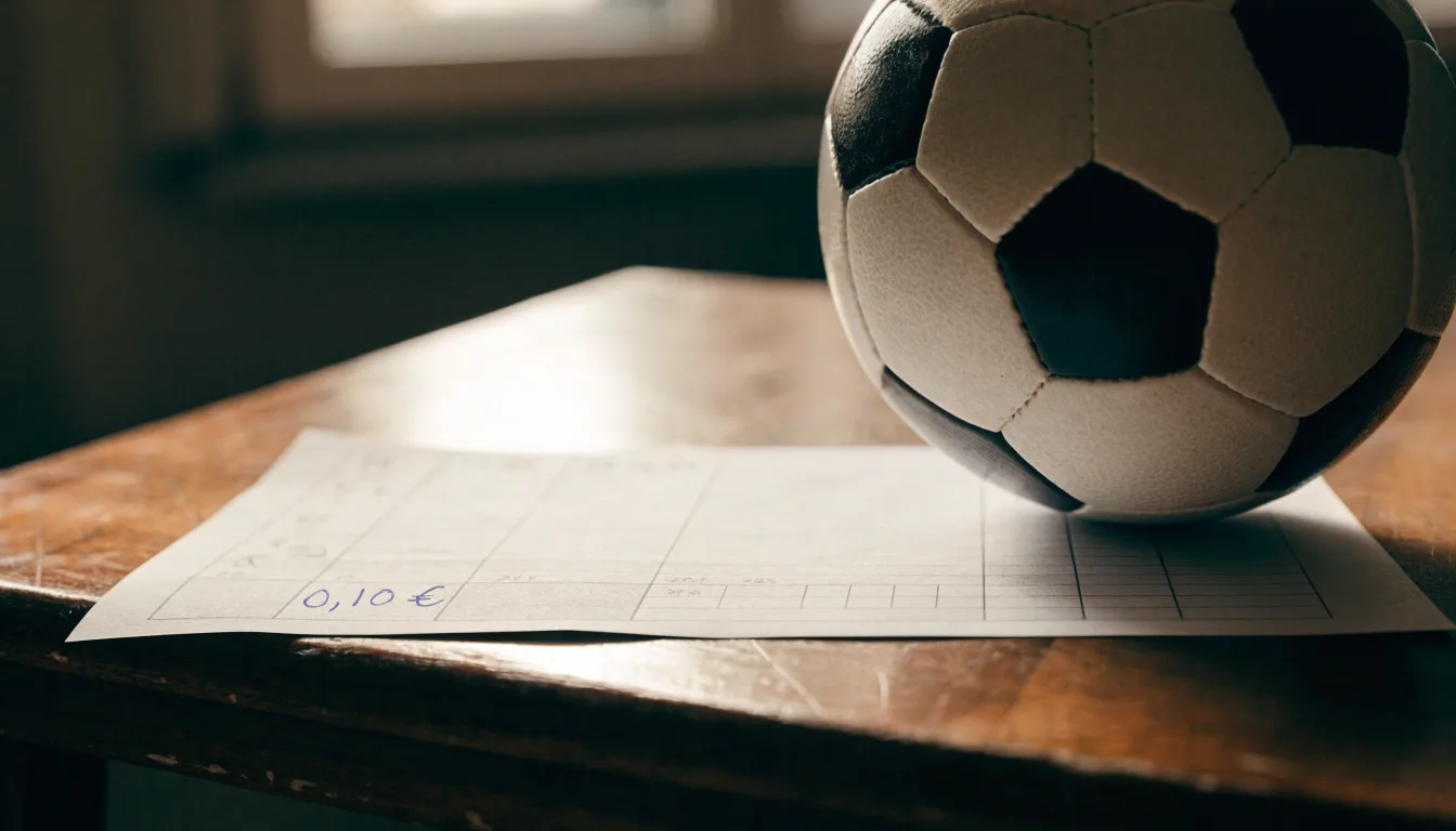Uma bola de futebol pousada sobre um talão de apostas em branco numa mesa de madeira, à luz do dia