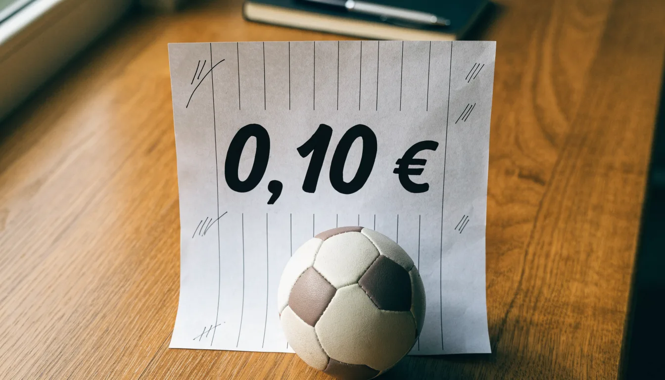 Uma bola de futebol pousada sobre um talão de apostas em branco numa mesa de madeira, à luz do dia