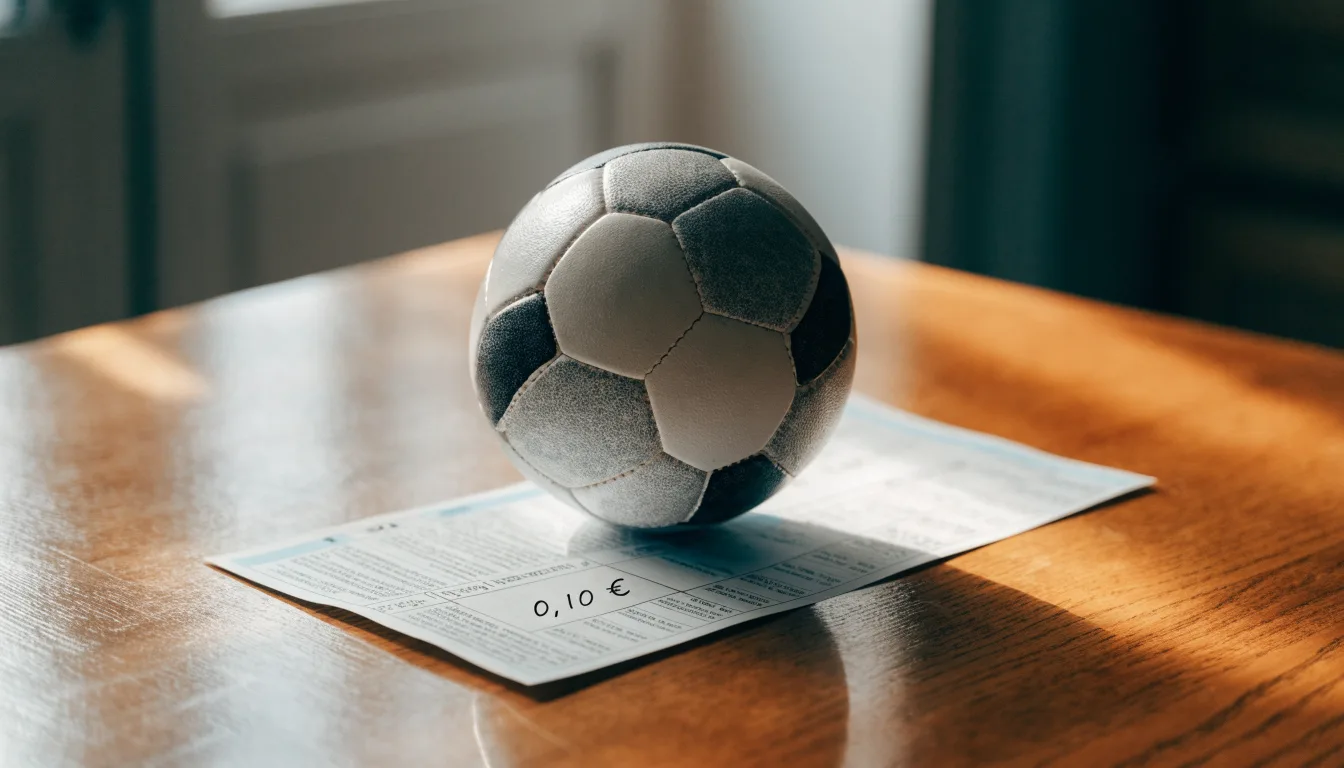 Uma bola de futebol pousada sobre um talão de apostas em branco numa mesa de madeira, à luz do dia