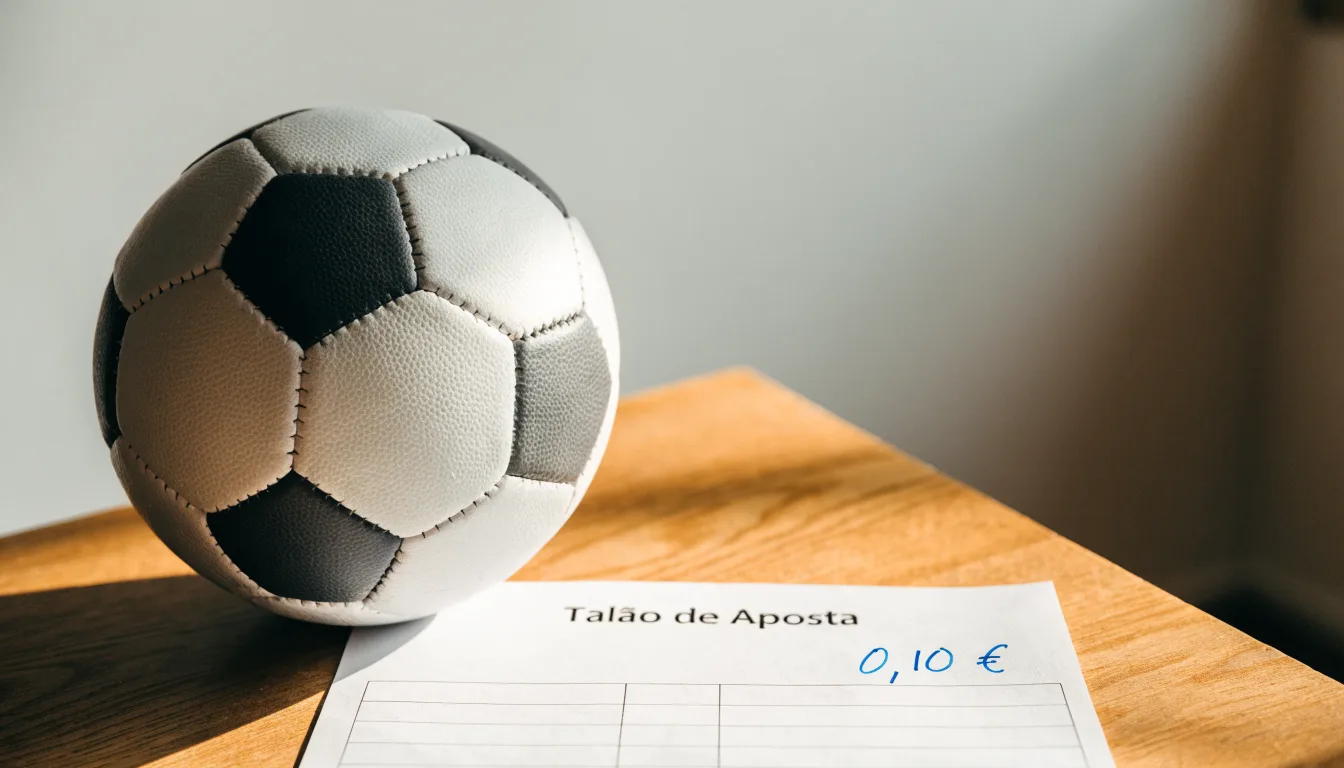 Uma bola de futebol pousada sobre um talão de apostas em branco numa mesa de madeira, à luz do dia